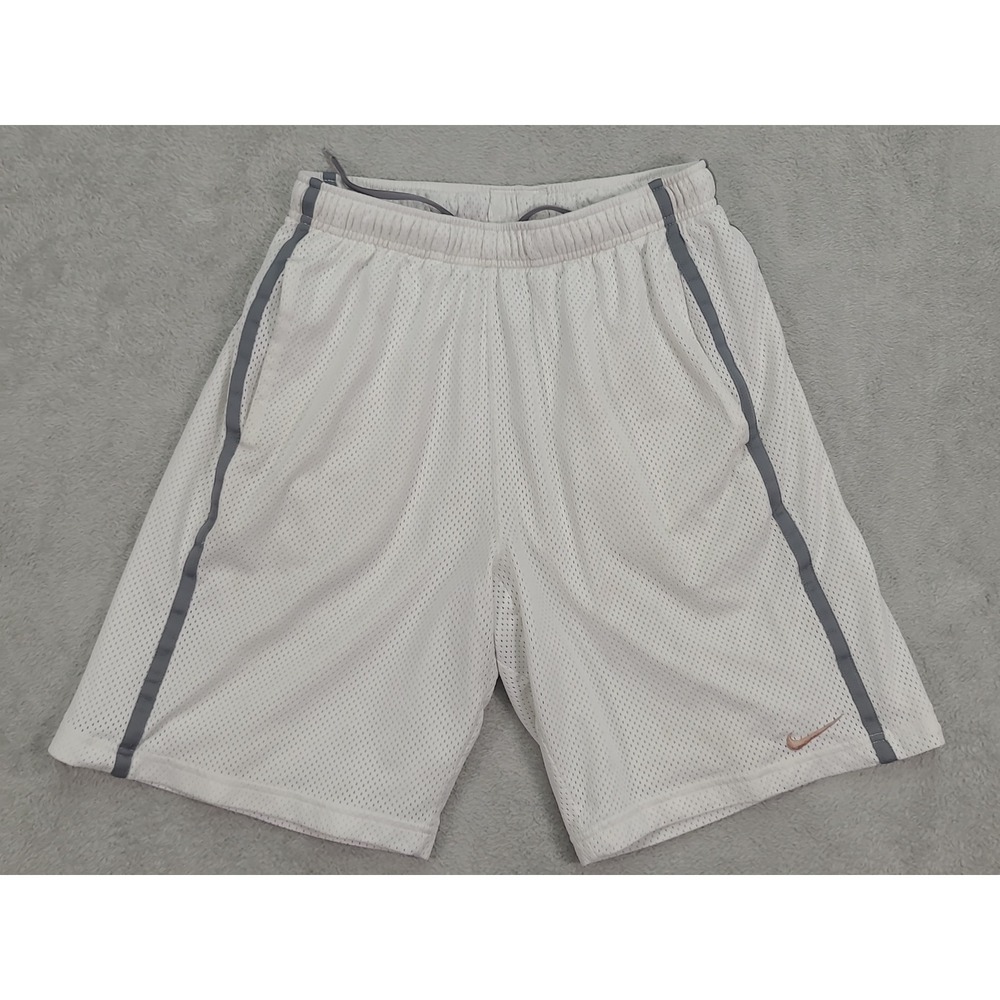 Nike Mens Medium Mesh Basketball Shorts White Gray Striped Swoosh Athletic